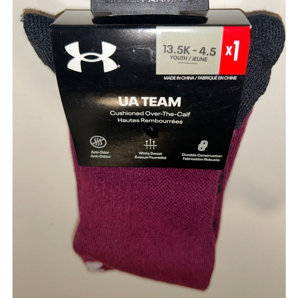 Under Armour UA Team OTC Soccer Socks 1 Pair Youth 13.5K-4.5 Maroon w White Logo - Picture 10 of 10